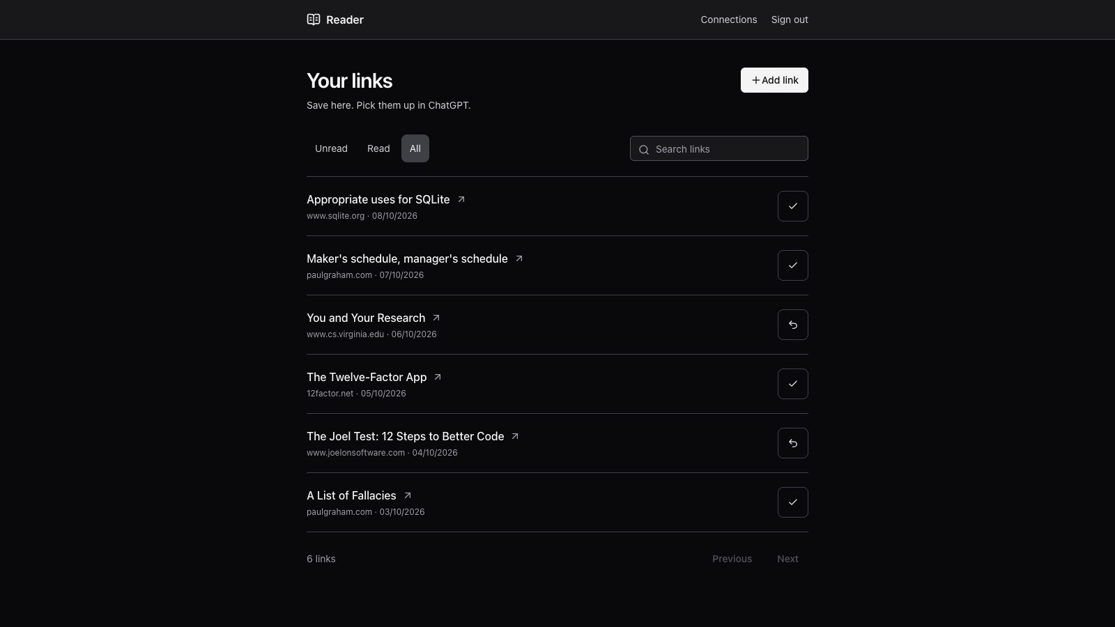 Reader's inbox with six saved links, read-state controls and an add-link button